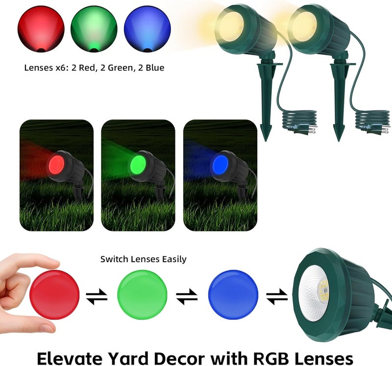 Holeva Spotlight Outdoor – 120V Plug-in, 2700K Warm White LED Landscape Spot Lights with RGB 3 Lenses for Yard, Garden, Lawn&Tree Decor, IP67 Waterproof, Perfect for Holidays&Everyday (2 Pack, Green) - Image 2